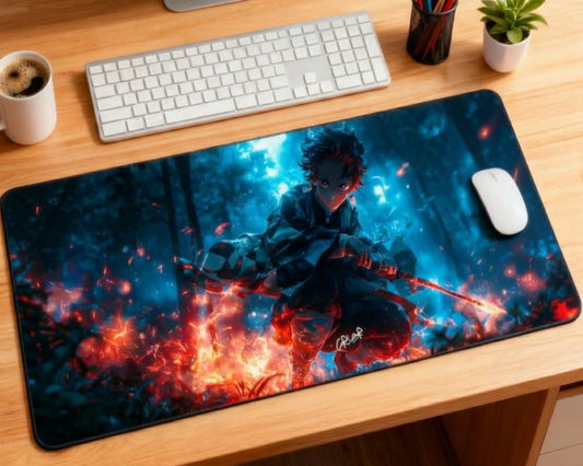 Demon Slayer Tanjiro desk mat with blue forest background and red flames, paired with white keyboard, white mouse, coffee mug, plant, and pencil holder.