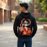 Front view of a black Luffy Vacation anime hoodie featuring a high-definition graphic of Monkey D. Luffy in a relaxed pose.