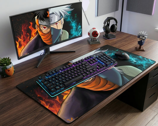 Clean Naruto anime desk setup with ultrawide monitor, RGB mechanical keyboard, large character desk mat, headset, plant, and display figures.