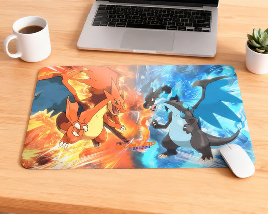 pokemon charizard gaming mouse pad on wooden desk with laptop coffee mug and plant large extended mat