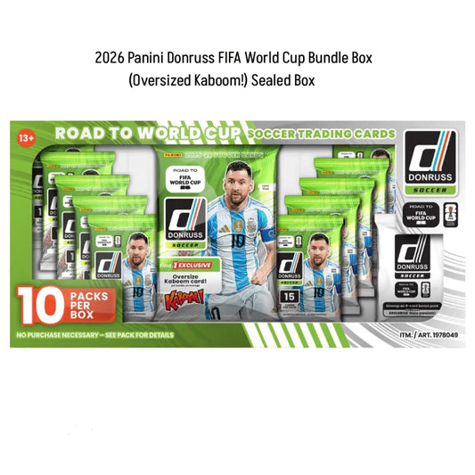 Panini Donruss FIFA World Cup 2026 soccer trading cards bundle box set, featuring oversized kaboom! sealed packaging with multiple packs and cards shown on a white background with text details.