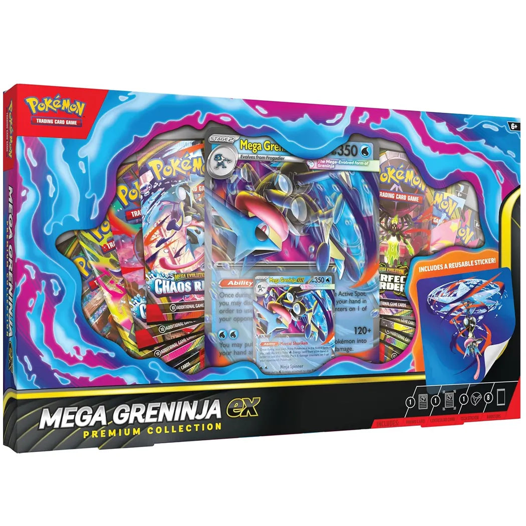 Pokémon Mega Greninja EX Premium Collection trading card box with a large front window showing assorted Goreninja cards and booster packs inside, on a plain white background.