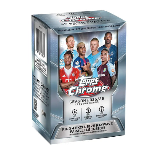 Topps Chrome Season 2025/26 trading cards box, featuring a metallic silver and blue design with player photos and official UEFA competition logos.