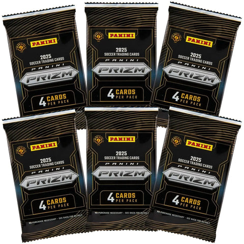 Six Panini Prizm FIFA Club World Cup 2025 soccer trading card packs included inside the blaster box with exclusive Prizm parallels and inserts.