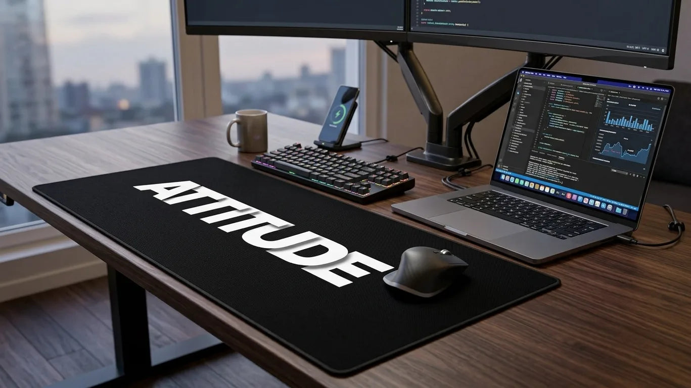 ATTITUDE XL mouse pad in professional dual-monitor workspace, perfect for coding, productivity, and focused work environment.