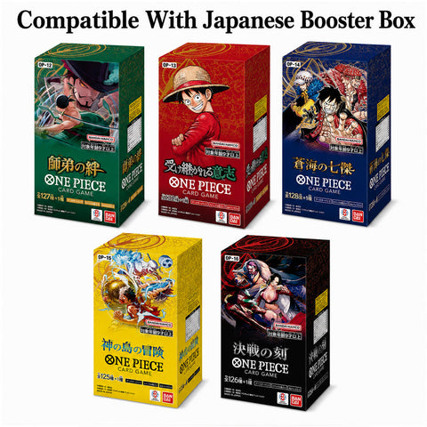 Five One Piece booster boxes in different colors arranged on a white background under the text 'Compatible With Japanese Booster Box.' The boxes feature anime characters from One Piece: Pirate Frontier, Grand Line Chapter, Grand Line Chapter 2, Grand Line Chapter 3, and Grand Line Chapter 4.