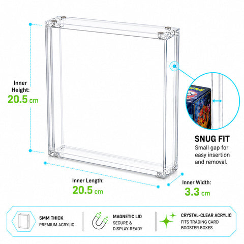 Clear acrylic display box with dimension labels showing inner height, inner length, and inner width of 20.5 cm, plus a circular inset showing a snug fit and a feature banner at the bottom.