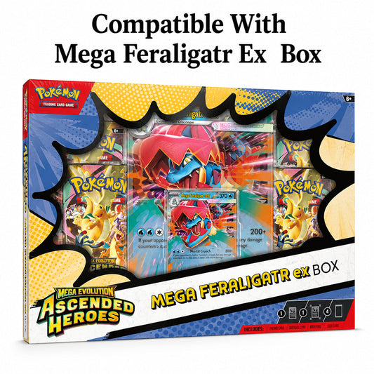 Pokémon Mega Feraligatr ex Box trading card game box shown on a white background with the text 'Compatible With Mega Feraligatr Ex Box' above it. The box features colorful comic-style graphics, visible booster packs, and a central Feraligatr card artwork.