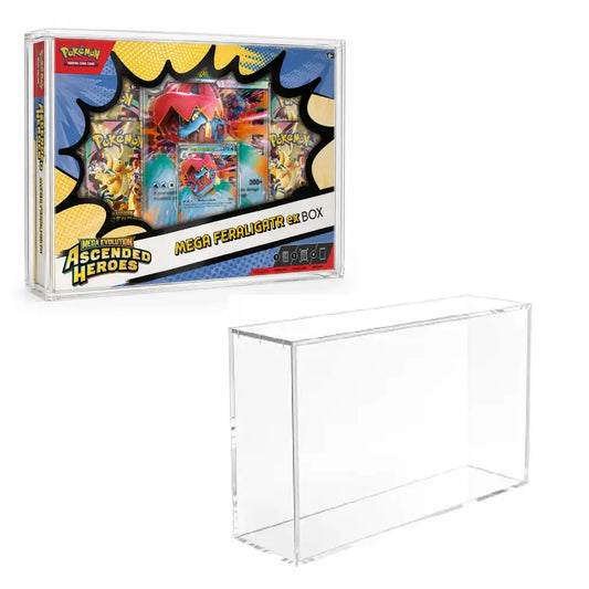 A clear acrylic display box shown empty in the foreground, with its retail packaging box for the Pokémon TCG Mega Flashlight Box in the background. The packaging features colorful artwork with various Pokémon characters and the text 'Pokémon TCG Mega Flashlight Box' and 'Ascended Heroes'.