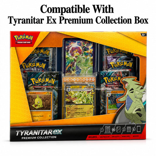 Pokémon Tyranitar Ex Premium Collection box set shown front-facing on a white background, with large text above reading 'Compatible With Tyranitar Ex Premium Collection Box.' The box contains multiple Pokémon trading card packs and a clear display window showing character cards.