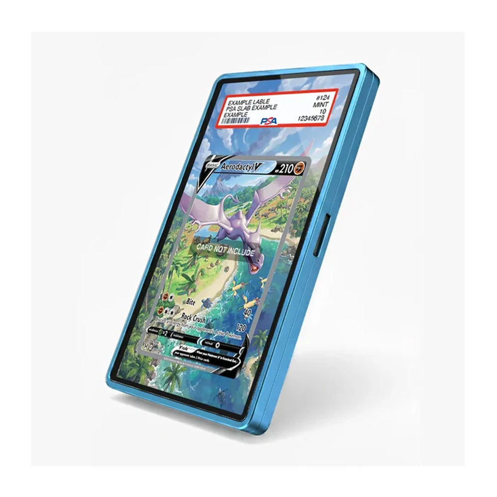 Blue Aerodactyl V extended art card case shown at an angled view with a PSA-style card insert on a white background.