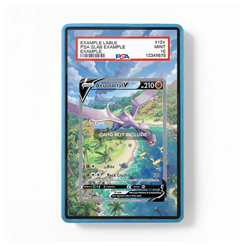 Front view of a blue Aerodactyl V extended art card case featuring tropical artwork and a PSA-style card insert on a white background.