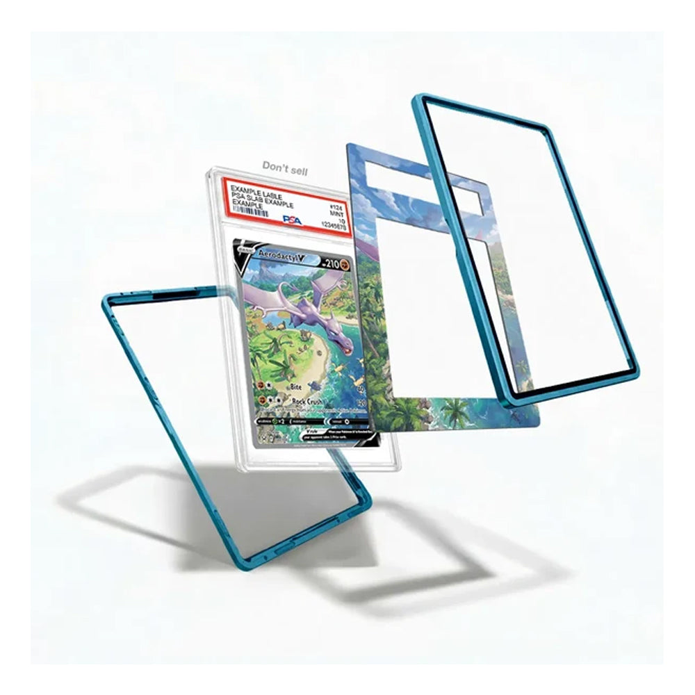 Exploded view of a blue Aerodactyl V extended art card case showing the frame, extended art insert, and clear card holder.