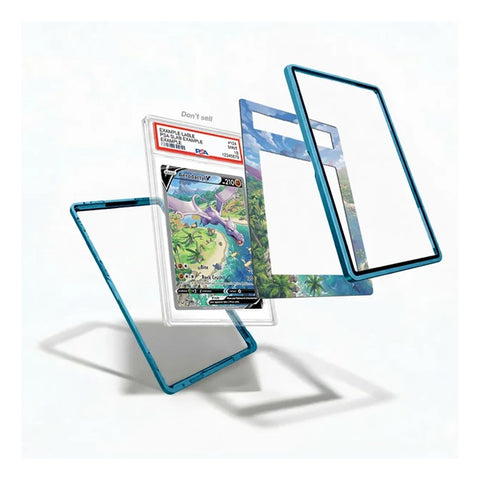 Exploded view of a blue Aerodactyl V extended art card case showing the frame, extended art insert, and clear card holder.