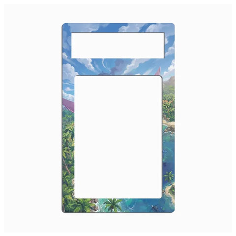 Tropical Aerodactyl V extended art insert with sky, mountains, ocean, and jungle artwork, designed for a graded card display case.