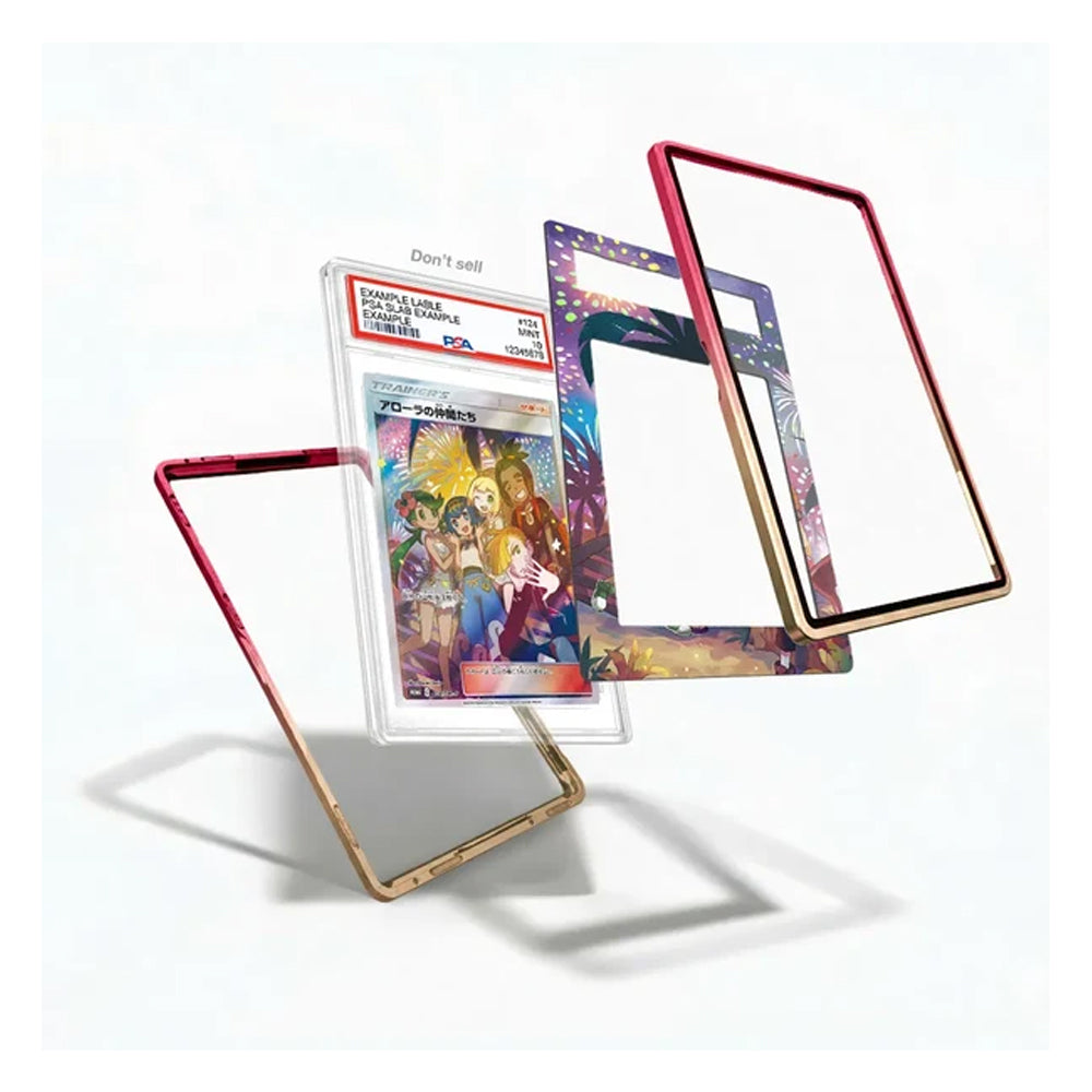 Exploded view of the Alola Friends 401 SM-P Promo JP extended art display case showing the graded card holder, illustrated art insert, and red-to-gold frame components.