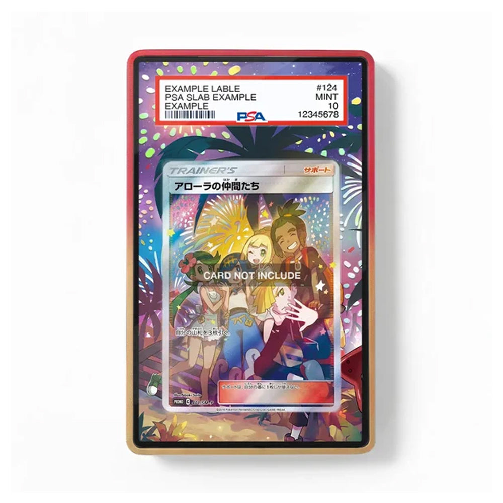 Alola Friends 401 SM-P Promo JP extended art display case showing a graded card with colorful Alola artwork and a decorative multicolor frame.