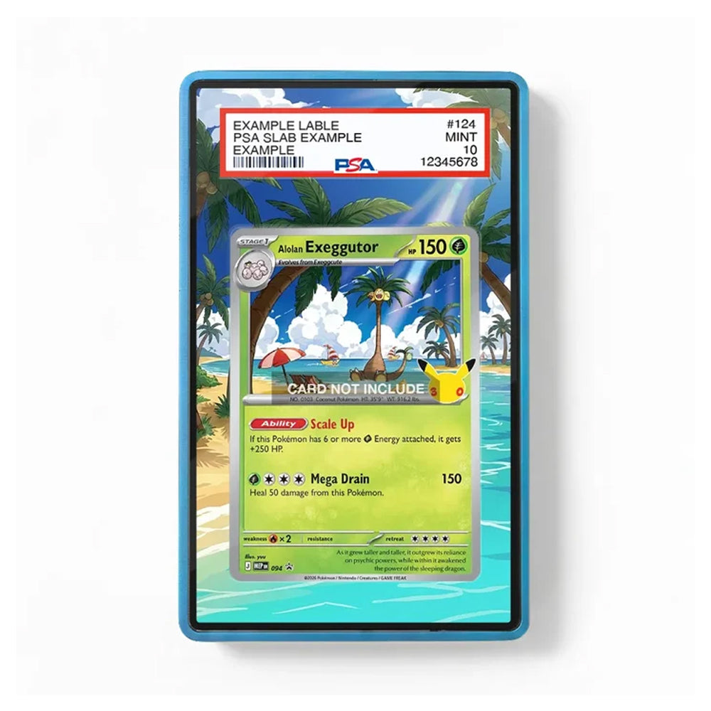 Alolan Exeggutor 094 Promo MEP 30th Anniversary extended art display case shown from the front with tropical beach artwork and a graded card insert.