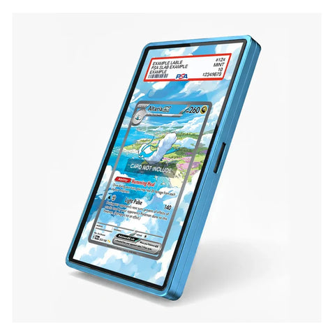 A blue protective phone case with a printed sky-and-cloud pattern, shown on a smartphone. The screen displays a sample Pokémon trading card insert as a demo of the custom print design.