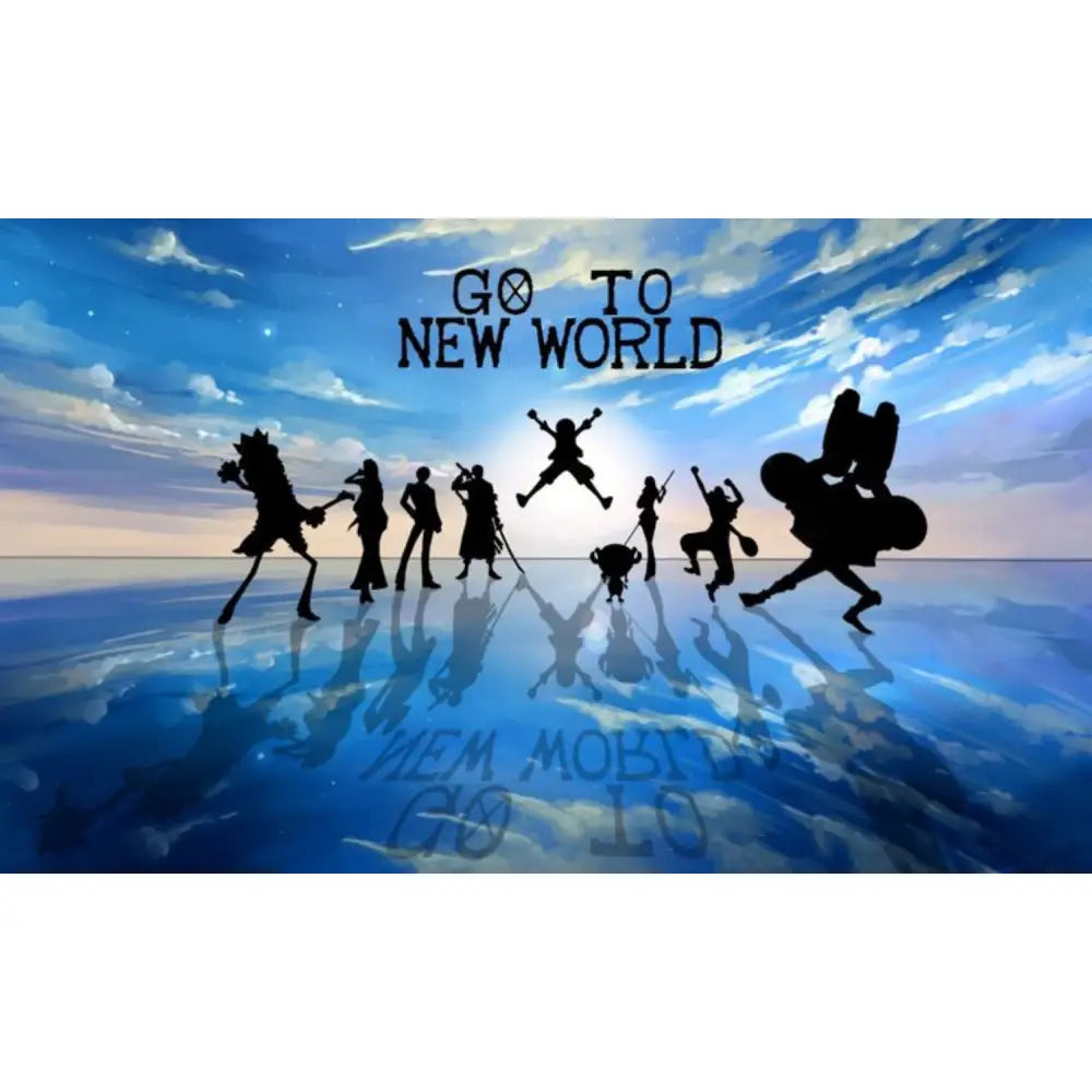 Anime-inspired crew silhouettes standing against a glowing sky and reflective ocean with ‘Go to New World’ text, cinematic blue-toned artwork.