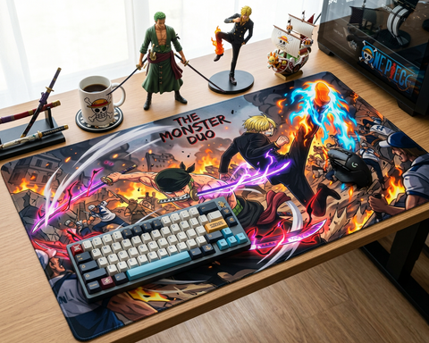 Anime Monster Duo extended mouse pad with Zoro sword attacks and Sanji flame kick in modern gaming setup with curved monitor.