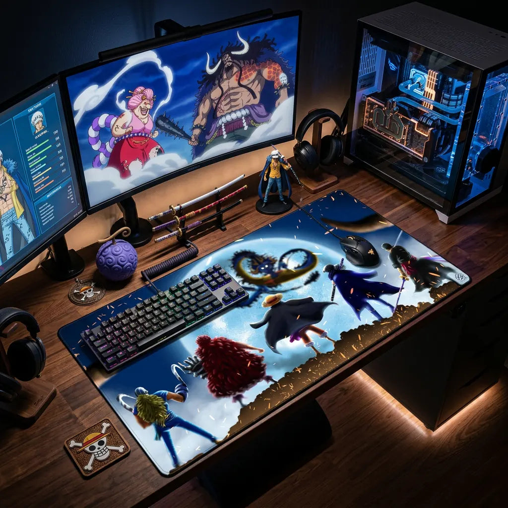 Anime gaming desk setup with extended mouse pad showing crew silhouettes under a glowing moon, paired with RGB PC, dual monitors, and mechanical keyboard.