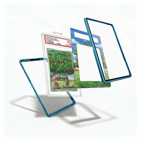 Exploded view of the Applin 185/167 IR AR extended art display case showing the blue frame, illustrated apple orchard insert, and clear graded card holder.