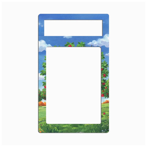 Applin extended art insert featuring a bright blue sky, apple-filled tree, green meadow, and colorful countryside scenery for a Pokémon card display case.