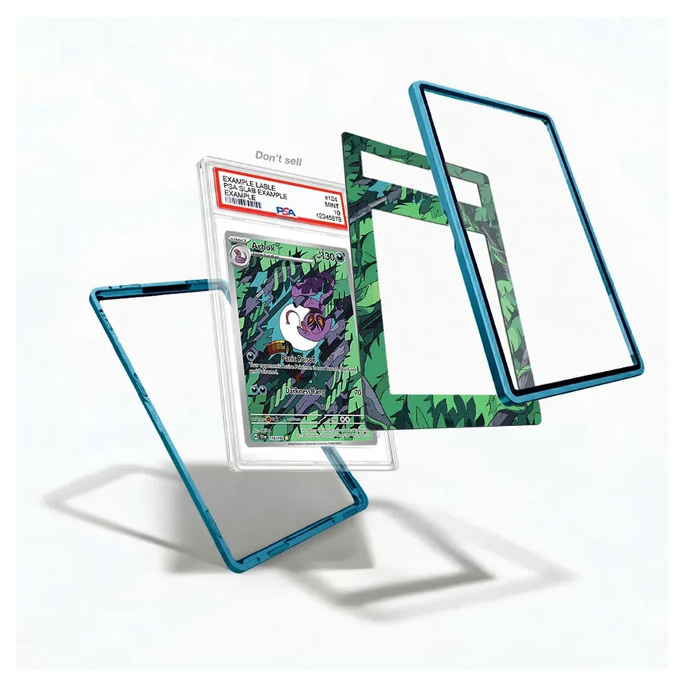 Exploded view of the Arbok 176/162 IR AR extended art display case showing the blue frame, illustrated green forest insert, and clear graded card holder.