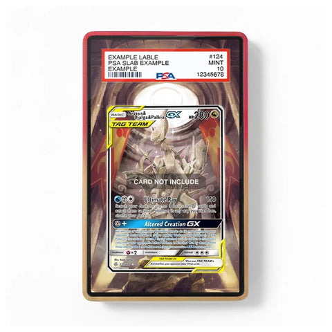 Front view of the Arceus & Dialga & Palkia GX 221/236 Tag Team GX Cosmic Eclipse extended art display case featuring legendary Pokémon artwork with a gold and dark red design.