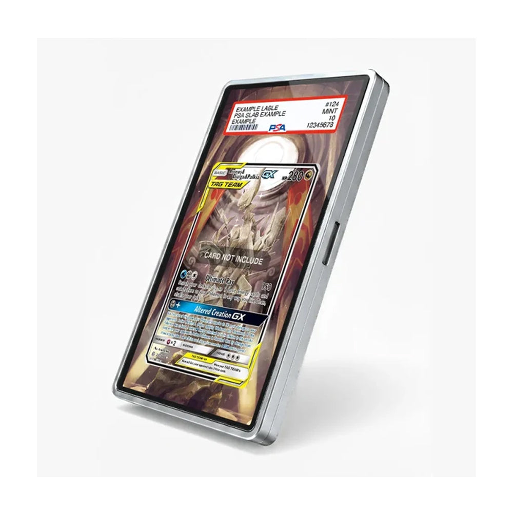 Angled view of the Arceus & Dialga & Palkia GX 221/236 Cosmic Eclipse extended art display case with a silver frame and premium legendary Pokémon artwork.