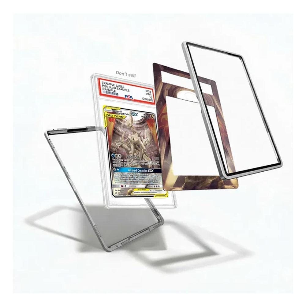 Exploded view of the Arceus & Dialga & Palkia GX 221/236 extended art display case showing the graded card holder, illustrated Cosmic Eclipse art insert, and frame components.