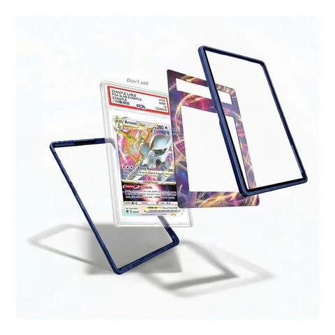 Exploded view of the Arceus VSTAR 123/172 Brilliant Stars Extended Art Display Case showing the graded card, artwork insert, and protective frame components.