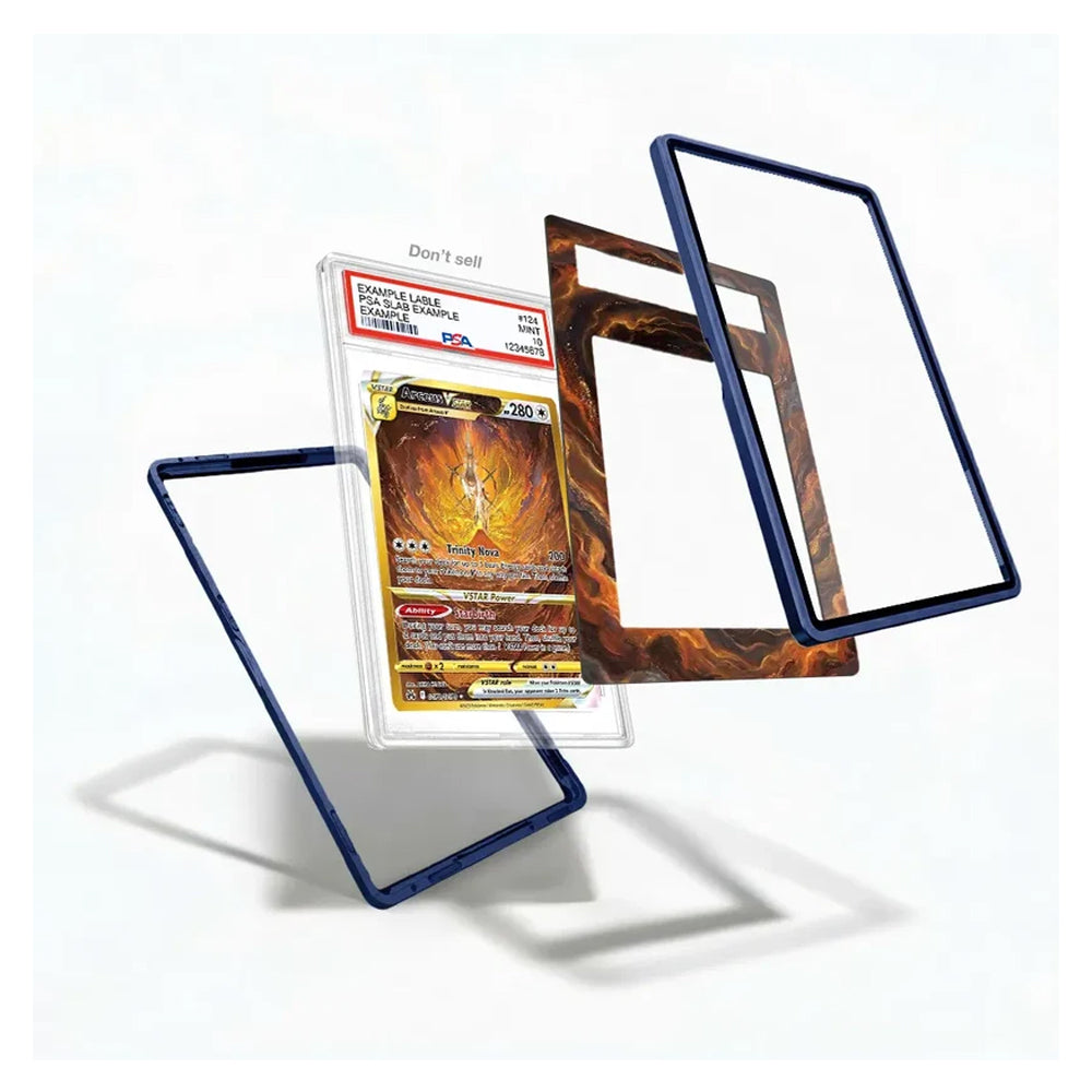 Exploded view of the Arceus VSTAR GG70 Crown Zenith Extended Art Display Case showing the graded card, decorative artwork insert, and protective frame components.