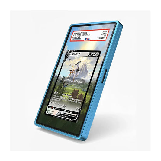 Arceus V SWSH 204 Promo Extended Art Display Case featuring a majestic mountain landscape design, showcasing a graded Pokémon card in a premium blue display frame.