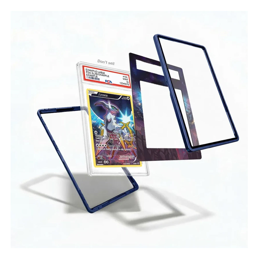 Exploded view of the Arceus XY116 Promo XY Series Extended Art Display Case showing the graded card, decorative artwork insert, and protective frame components.