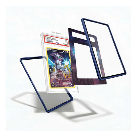 Exploded view of the Arceus XY116 Promo XY Series Extended Art Display Case showing the graded card, decorative artwork insert, and protective frame components.