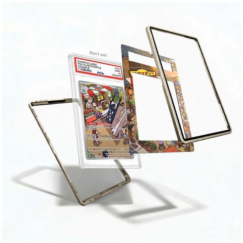 Exploded view of the Archaludon 155/142 Stellar Crown Extended Art Display Case showing the graded card, decorative artwork insert, and protective frame components.