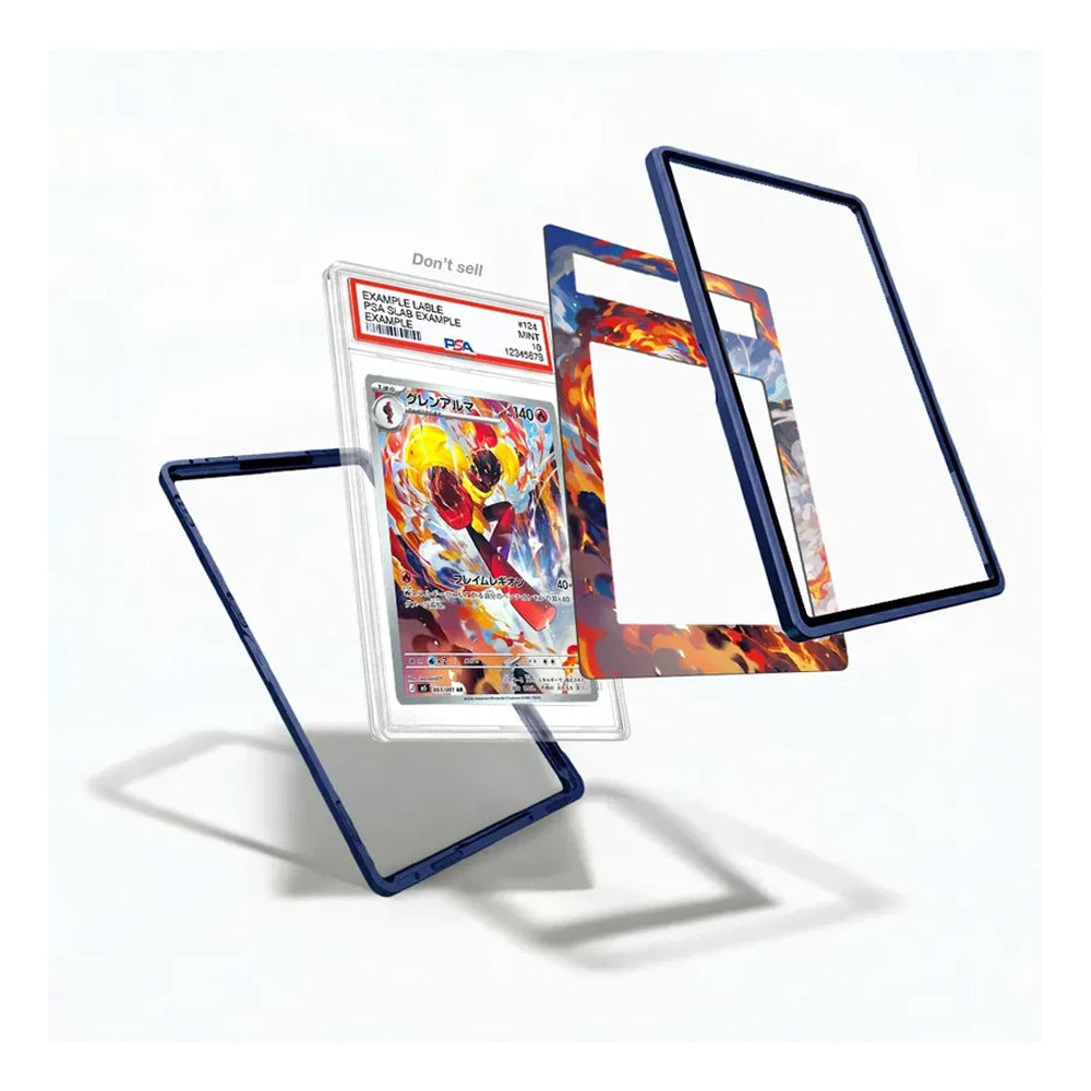 Exploded view of the Armarouge 083/081 AR M5 Pitch Black Extended Art Display Case showing the graded card holder, artwork insert, and protective frame components.