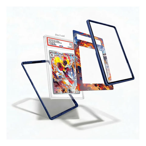 Exploded view of the Armarouge 083/081 AR M5 Pitch Black Extended Art Display Case showing the graded card holder, artwork insert, and protective frame components.