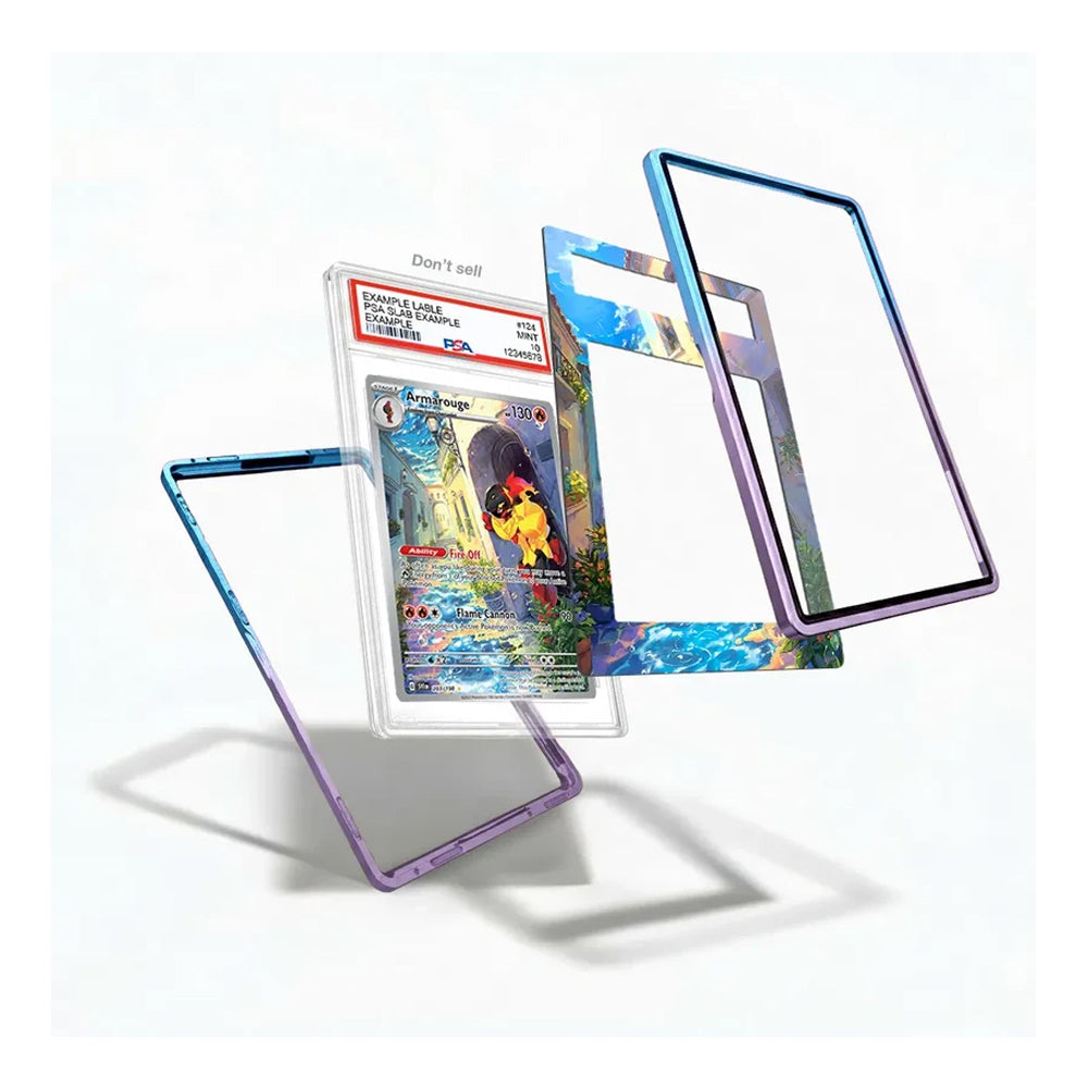 Exploded view of the Armarouge 203/198 IR AR Extended Art Display Case showing the graded card holder, illustrated artwork insert, and protective frame components.