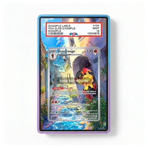 Front view of the Armarouge 203/198 IR AR Scarlet & Violet Base Set Extended Art Display Case featuring immersive artwork surrounding the displayed Pokémon card.