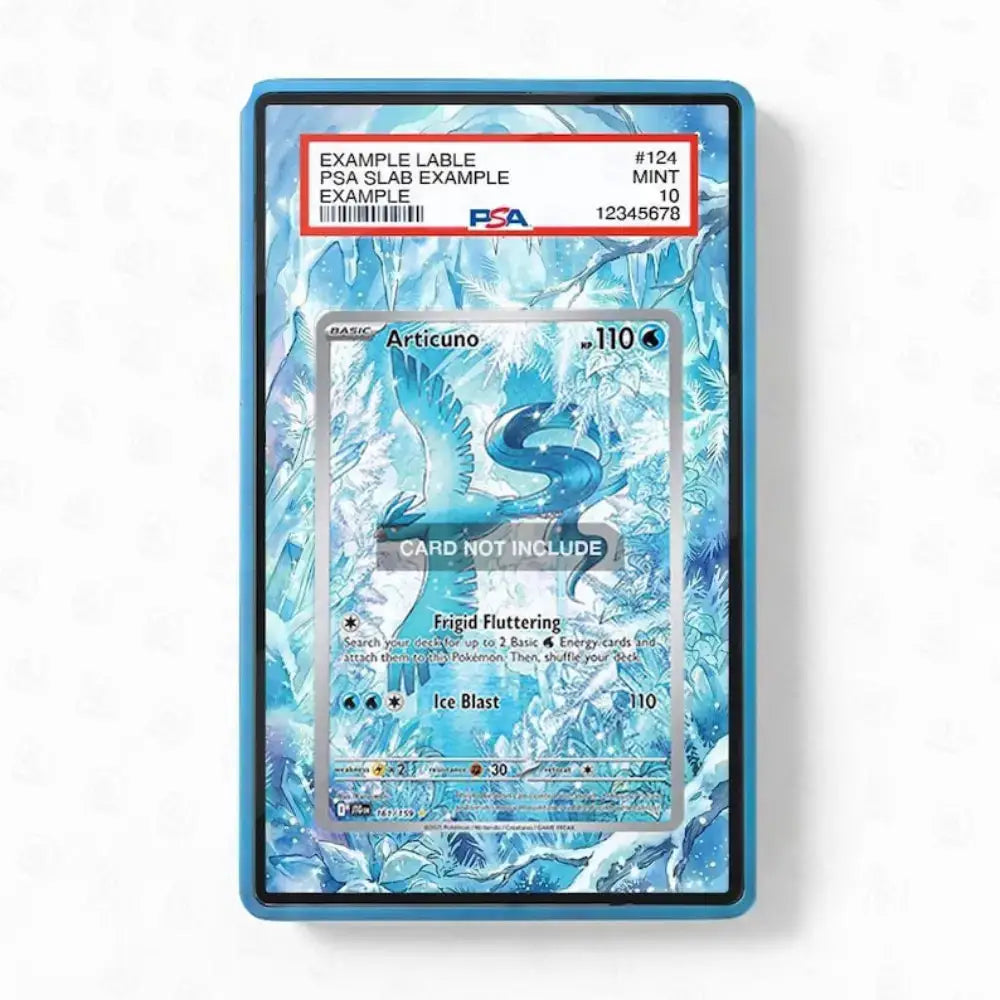 A PSA graded slat-card containing a blue Articuno holographic card, shown against a white background. The PSA label is visible at the top with a red border.