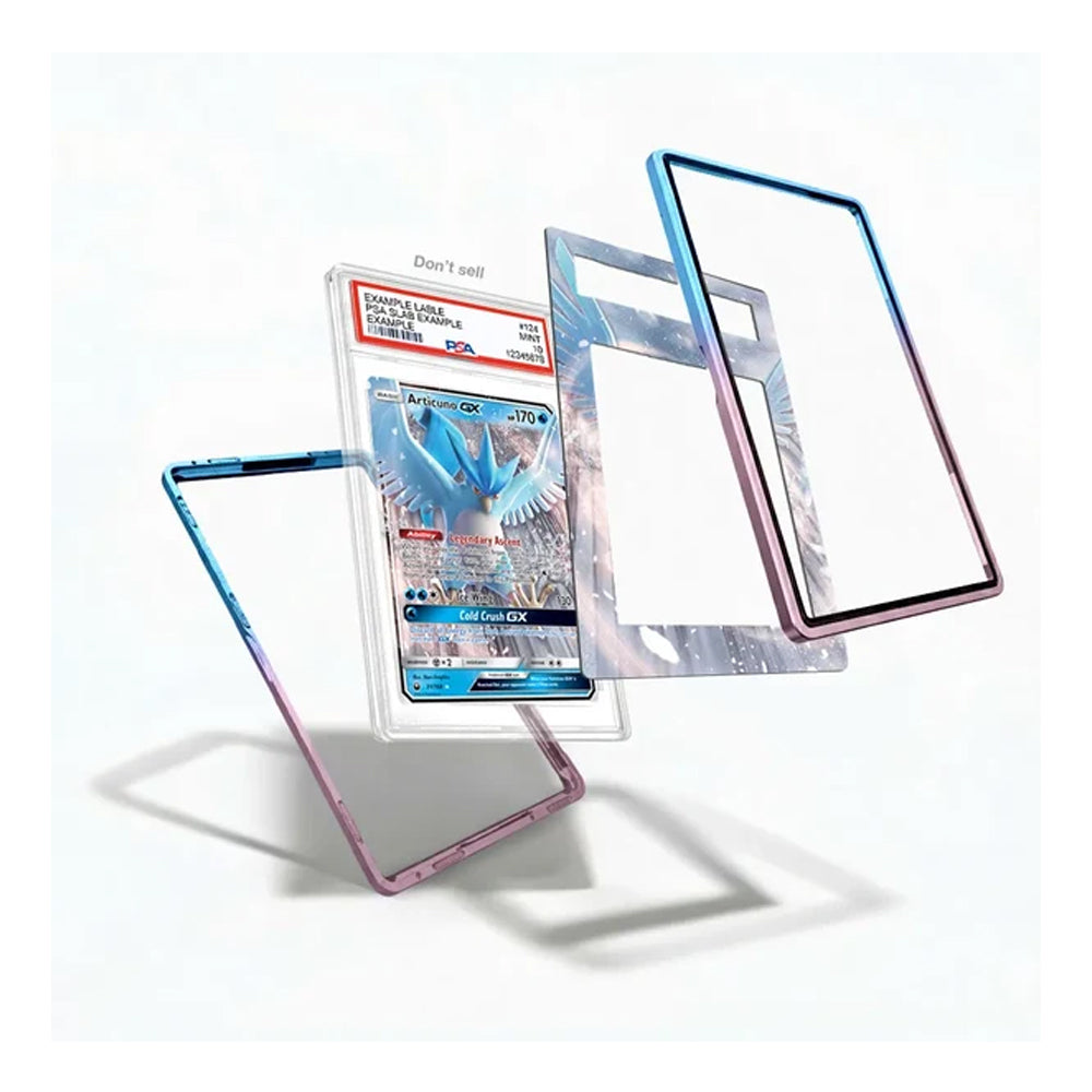 Exploded view of the Articuno GX 31 Celestial Storm Extended Art Display Case showing the graded card holder, illustrated artwork insert, and protective frame components.