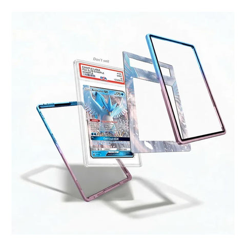 Exploded view of the Articuno GX 31 Celestial Storm Extended Art Display Case showing the graded card holder, illustrated artwork insert, and protective frame components.