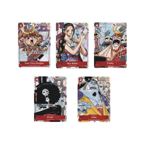 Five trading cards featuring animated characters on a white background