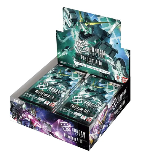 A display box of Gundam System Phantom Aria trading card booster packs, featuring anime artwork of a green mecha on the top panel and pack sleeves, with visible Bandai branding.