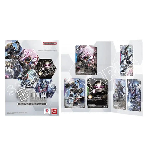 Gundam Collection trading card display box and several sample cards shown on a white background. Visible branding includes Bandai and Gundam.