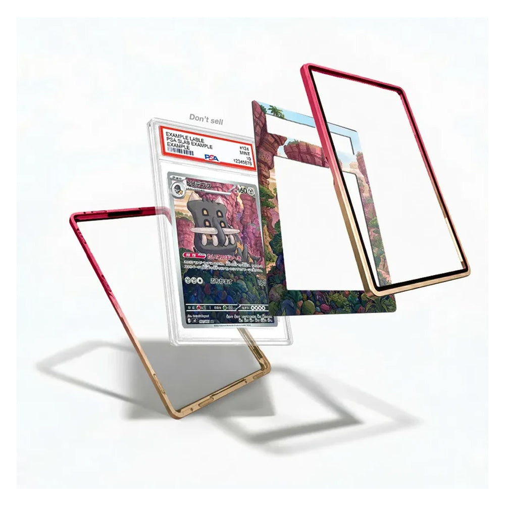 Exploded view of the Bastiodon 091/081 AR M5 Pitch Black Extended Art Display Case showing the graded card holder, extended art insert, and protective frame components.