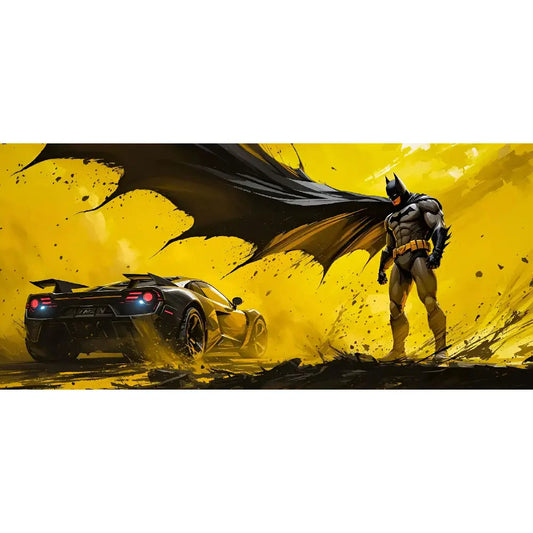 batman standing with cape spread next to black sports car on yellow background cinematic superhero artwork